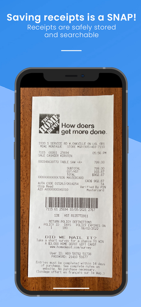 Categorizr: Receipt Scanner - A smartphone screen using the Categorizr app to scan and digitally store a Home Depot receipt for easy search and organization.