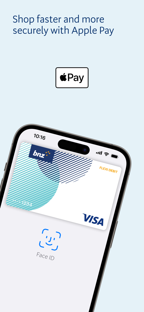 BNZ Mobile - BNZ Mobile app screen featuring Apple Pay support and Face ID authentication for a Visa card