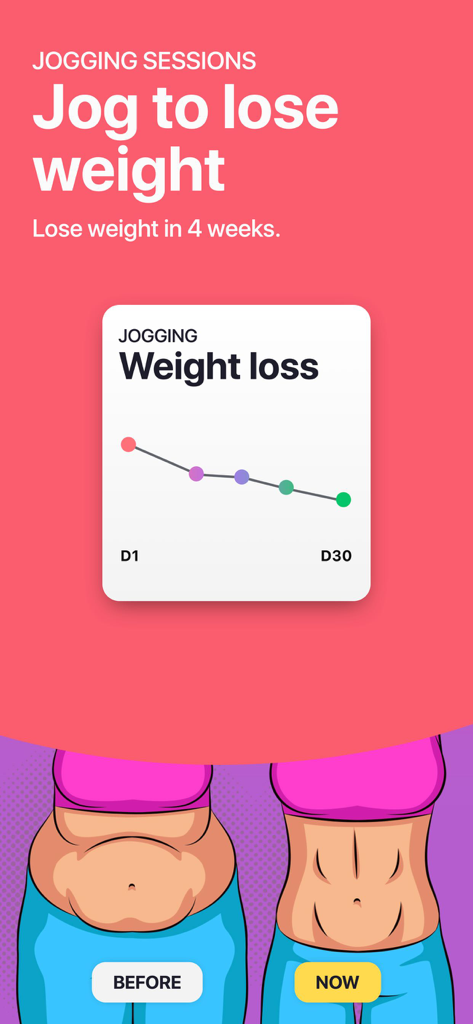 Pantalla de la app de jogging que muestra un plan de pérdida de peso de 30 días con seguimiento del progreso y transformación corporal antes y después