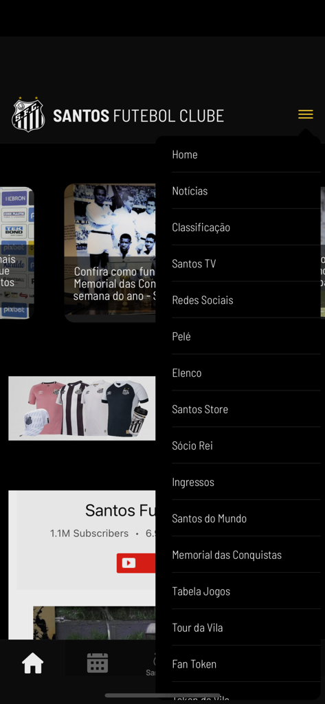 Santos FC - Official Santos FC app interface showing the main navigation menu with categories like news Santos TV and store