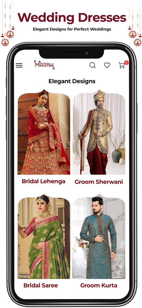 MIRRAW - Online Shopping App - Mirraw App-Bildschirm mit indischen Hochzeitsoutfits, einschließlich Braut-Lehengas und Bräutigam-Sherwanis