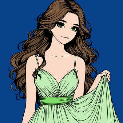 realistic girl in flowy silky prom dress