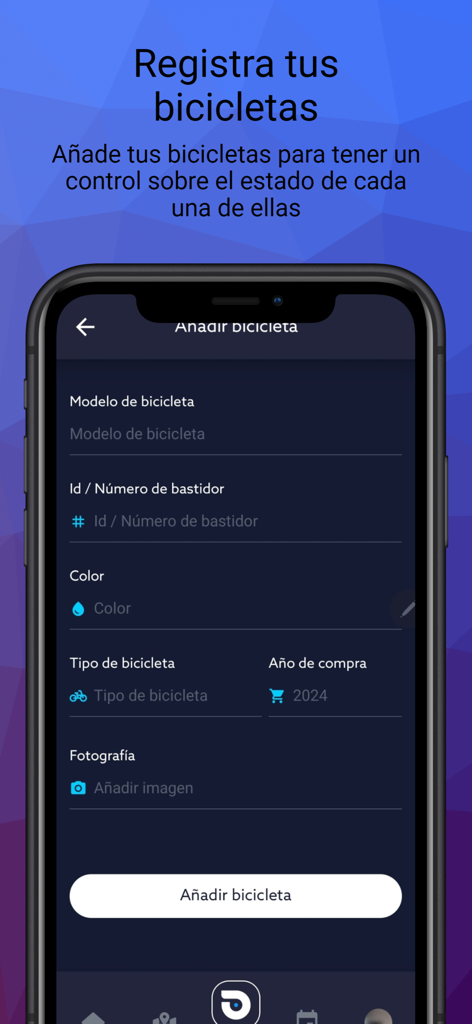 Beloo - A smartphone screen from the Beloo app showing a form to register bicycle details like model and color