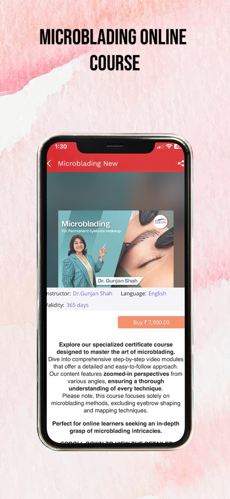 Oberfläche der ibrow Academy App mit einem Online-Microblading-Kurs von Dr. Gunjan Shah
