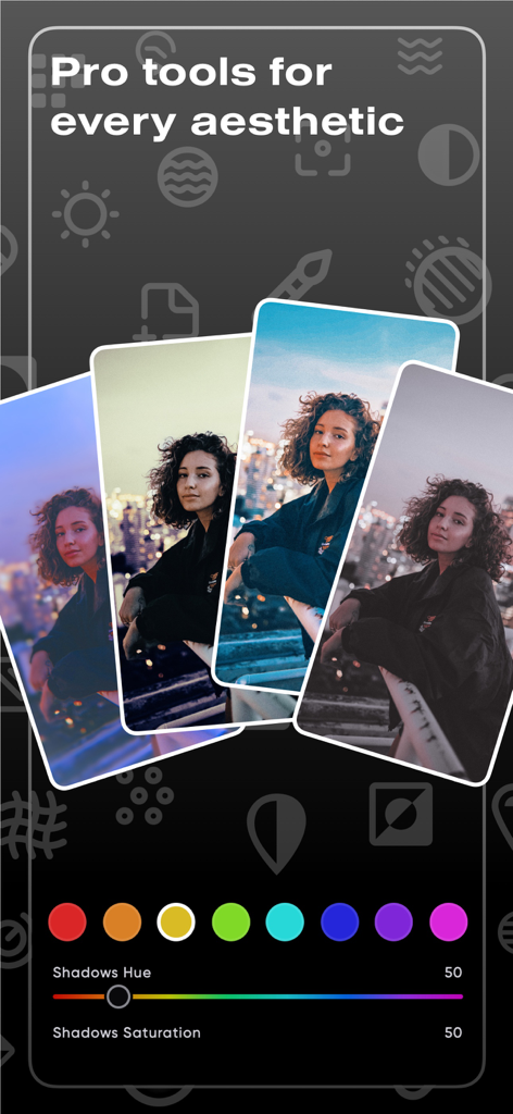 Polarr photo editor interface showcasing multiple aesthetic filters and color adjustment tools