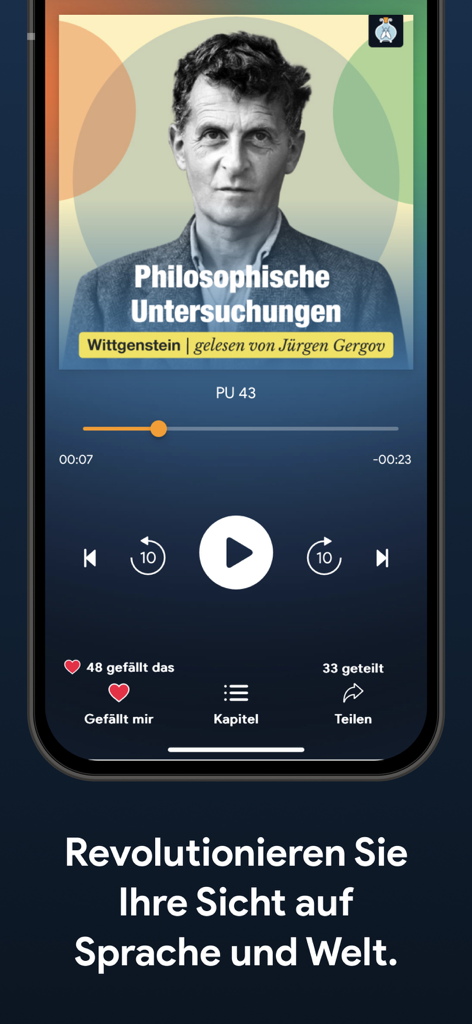 Tela do aplicativo Fliegenglas mostrando o reprodutor de audiolivros para Investigações Filosóficas de Ludwig Wittgenstein