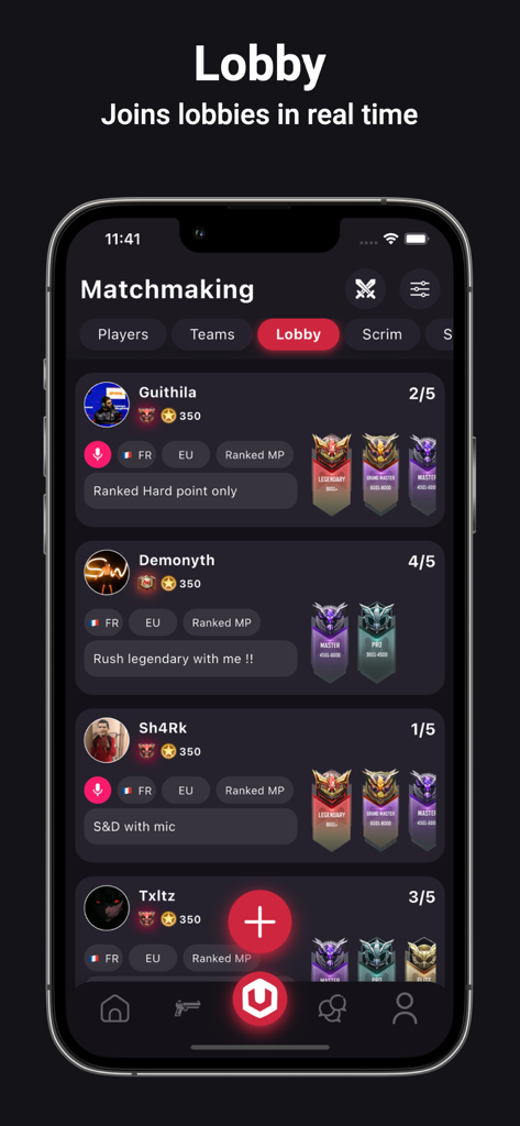 Universe Meta - Matchmaking interface of the Universe Meta app showing real-time Call of Duty Mobile lobbies