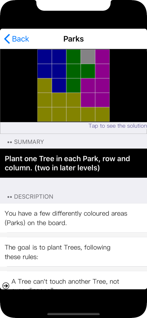 100 Logic Games - Time Killers - A screenshot showing the rules and a colorful grid for the Parks logic game within the app.