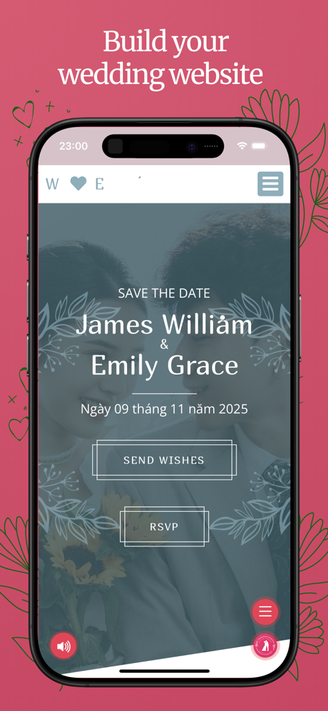 Schermata di un telefono cellulare che mostra un sito web nuziale personalizzato con un annuncio save the date e un pulsante RSVP.
