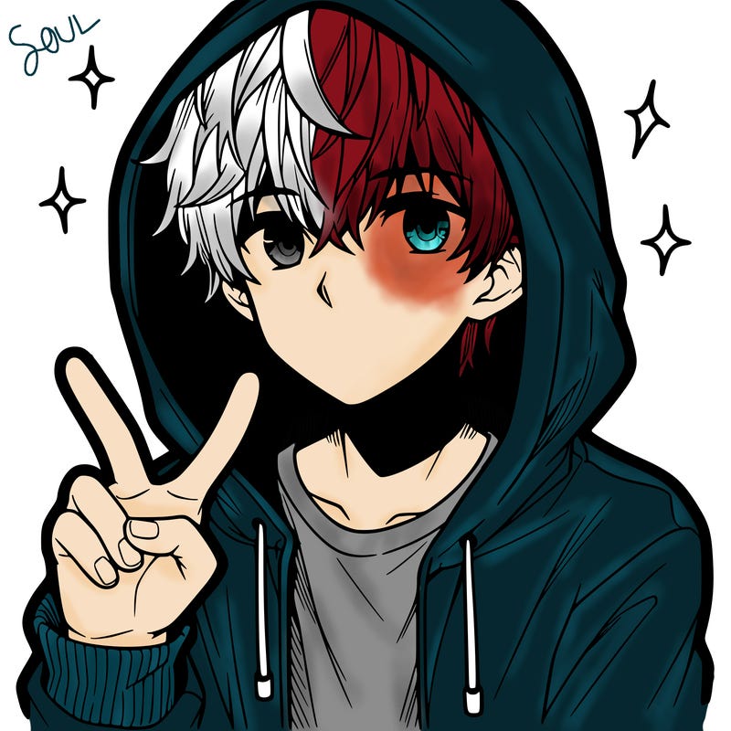 teenage manga boy in a hoodie, doing ✌