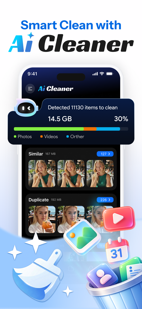 SmartClean AI: Storage Cleaner - SmartClean AI mobile app interface showing detected items to clean and storage optimization tools for similar and duplicate photos