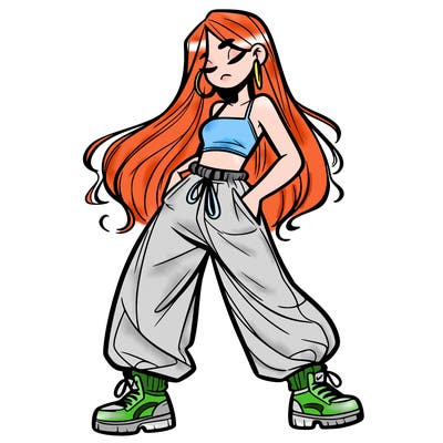 girl in baggy pants crop top and long hair