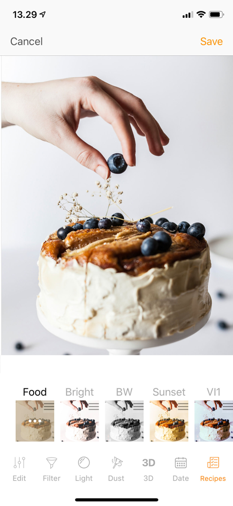 KUNI Cam: Photo Video Editor. - Editando una foto de comida con KUNI Cam usando filtros vintage y recetas de edición.