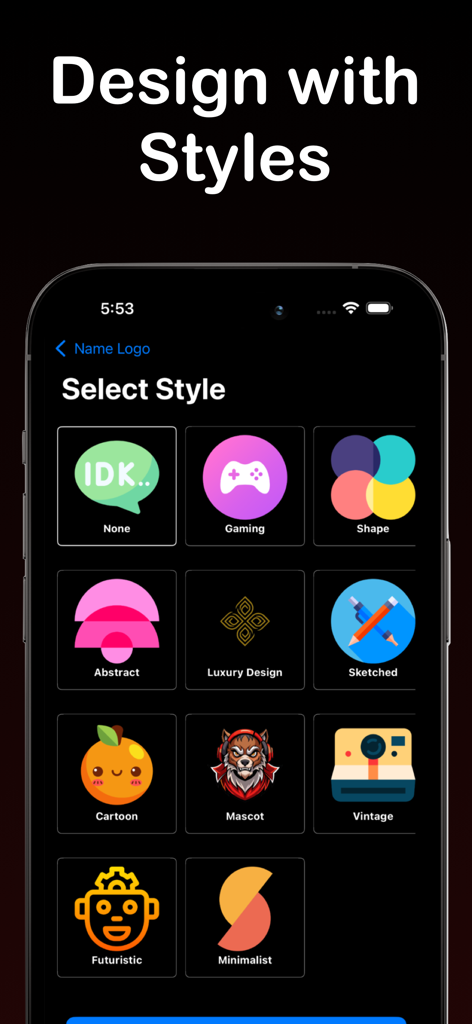 AI Logo Maker - NextLogo - Pantalla de la aplicación AI Logo Maker mostrando varios estilos de diseño, incluyendo opciones de mascota y minimalista