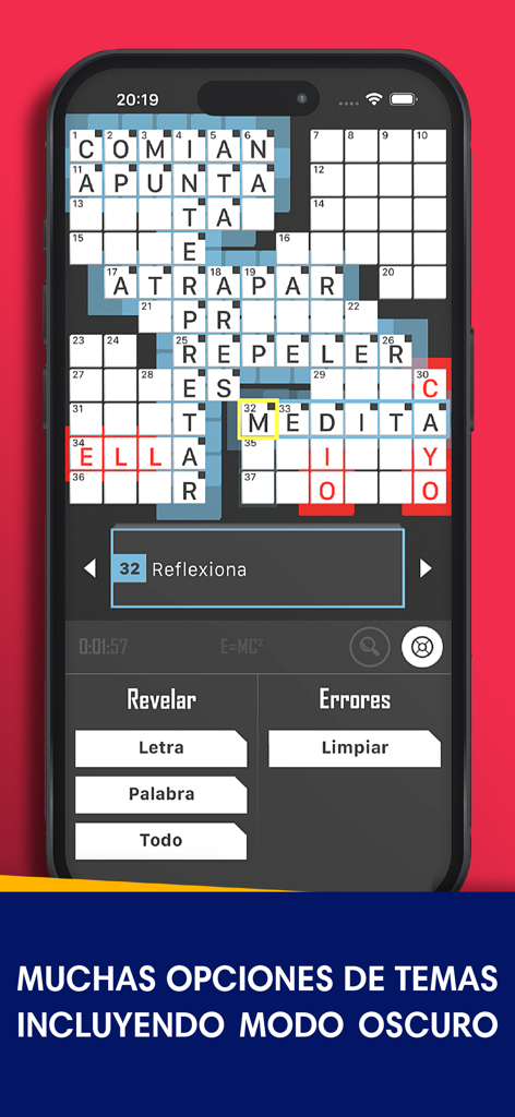Crucigramas en Español :) - Interfaz del juego de crucigramas en español con tema de modo oscuro.