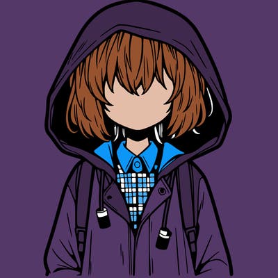 little anime girl in a raincoat her hair is covering her eyes she has a lighter