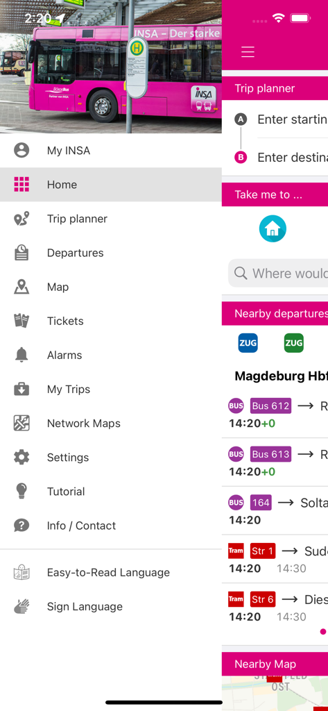 INSA mobile App-Oberfläche mit dem Navigationsmenü und Live-Abfahrtszeiten für den öffentlichen Nahverkehr