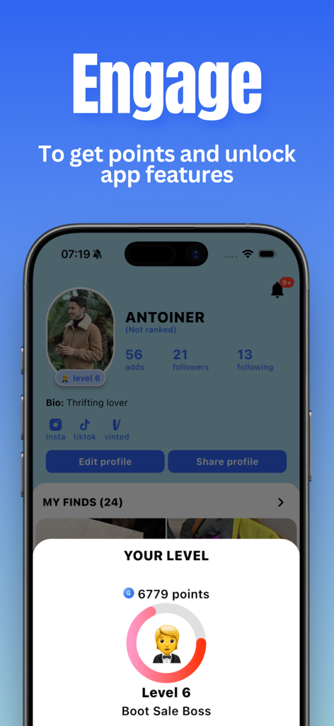 Profilo utente dell'app Ganddee che mostra punti di coinvolgimento e livelli di fedeltà