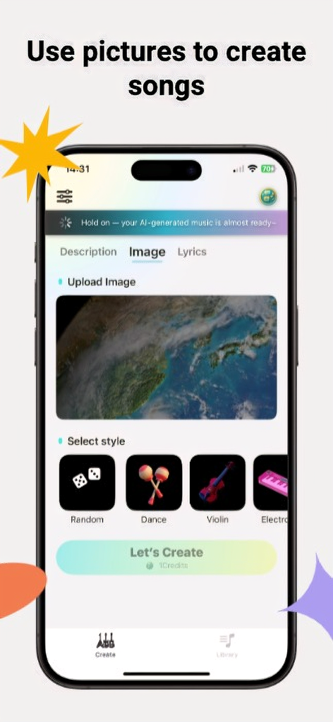Interface of LyraAI app demonstrating how to generate AI music from an uploaded picture