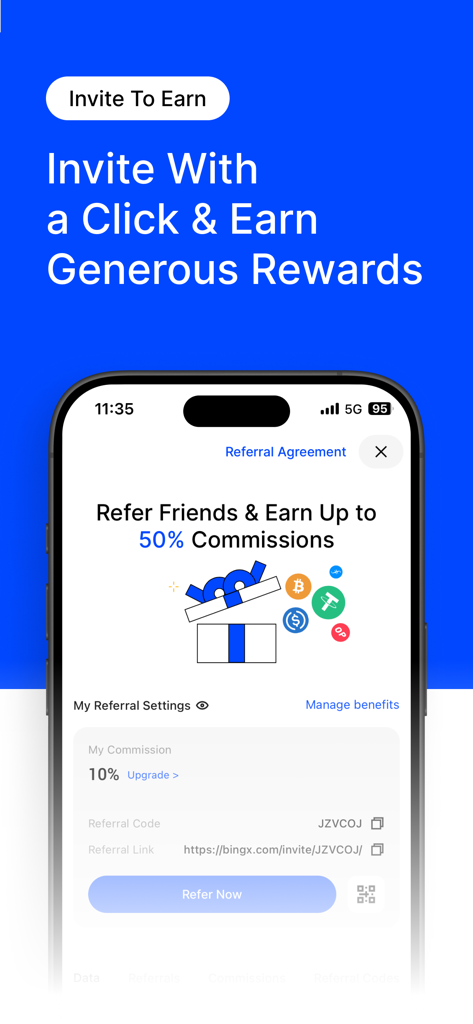 BingX: Buy Bitcoin & Crypto - BingX mobile app screen showing the Invite To Earn referral program with commission rewards.