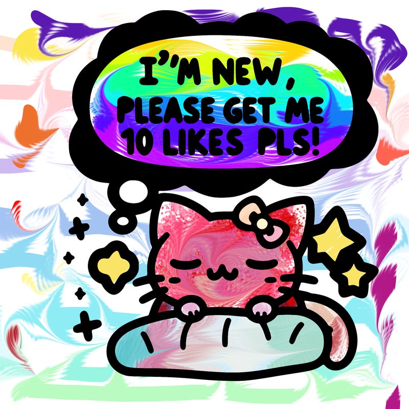 kitty taking a nap dream talking and saying "i'm new, please get me at least 10 likes pls!!"