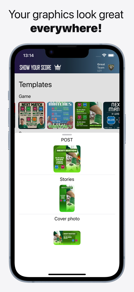 Show Your Score - ソーシャルメディア投稿、ストーリー、カバー写真の複数のグラフィックレイアウトオプションを示すインターフェース