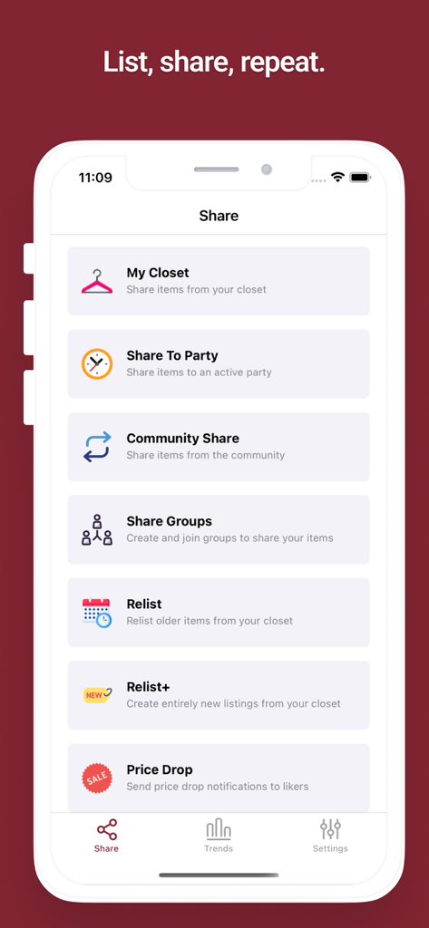 ClosetMate app interface showing sharing and relisting tools for Poshmark resellers