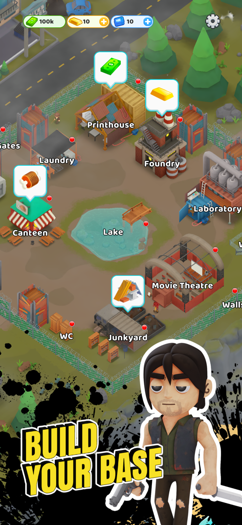 Survivor Idle Run: Z-RPG Game - Vista cenital de un campamento de supervivientes con edificios como un comedor y una fundición en Survivor Idle Run Z-RPG