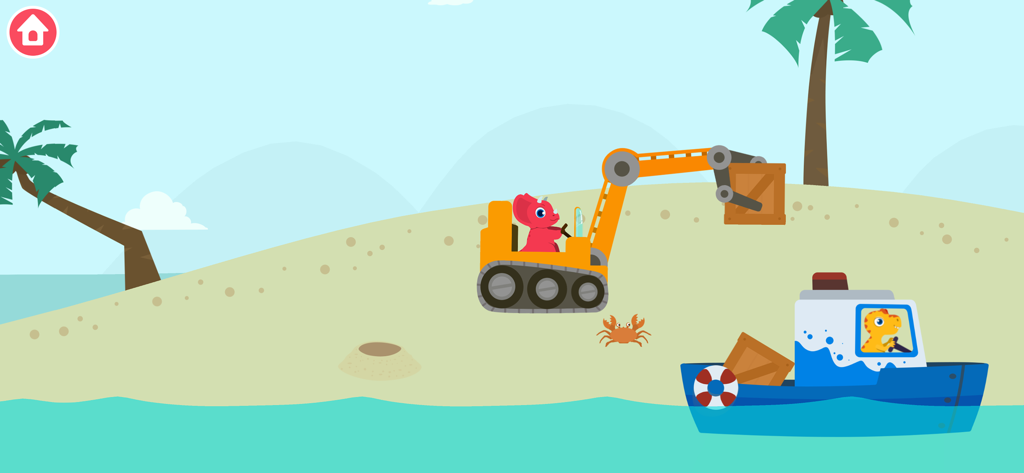 Un dinosauro rosso che aziona un escavatore arancione per caricare una cassa di legno su una barca su una spiaggia.