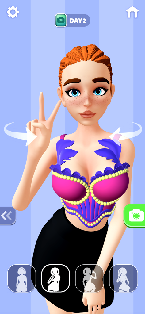 Bra Maker - 브라 메이커 모바일 앱 인터페이스 내에서 직접 디자인한 다채로운 브라를 입고 포즈를 취하는 3D 캐릭터