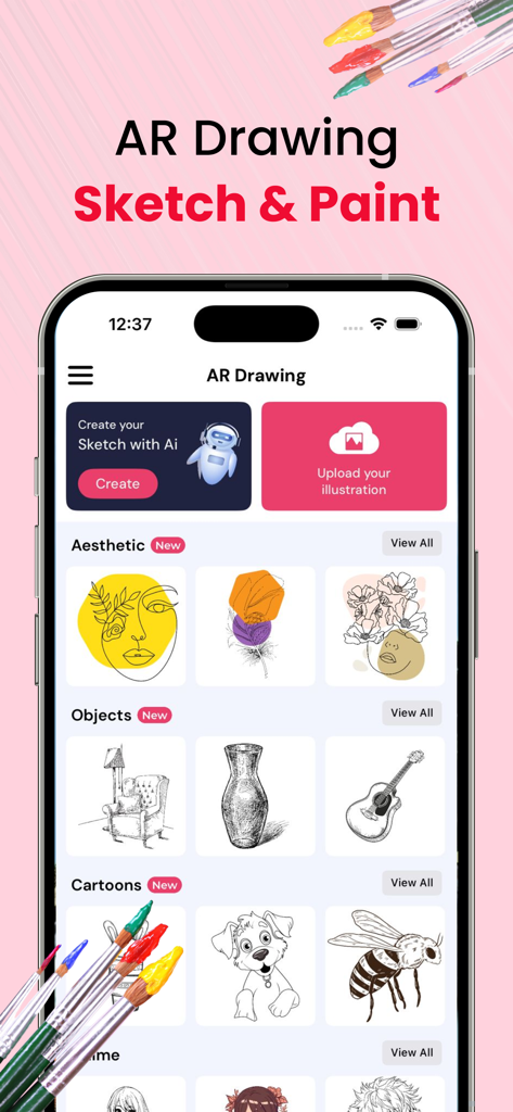 AR Drawing Sketch Paint: Trace - さまざまなスケッチカテゴリとAI描画機能が表示されたAR Drawing Sketch and Paintアプリのホーム画面。