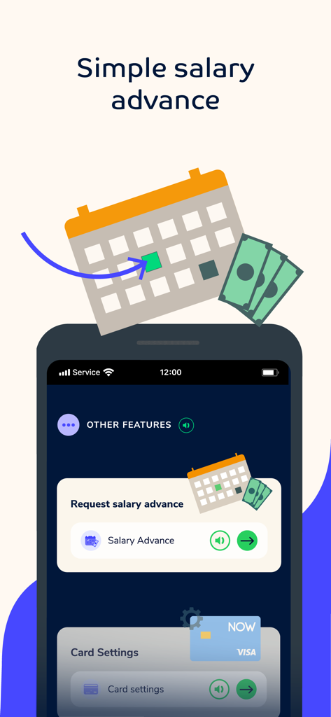 Mobile app interface for requesting a simple salary advance with calendar and cash icons