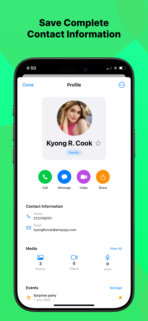 WhatsChat Pro - Una captura de pantalla de la aplicación WhatsChat Pro que muestra un perfil de contacto detallado con botones de acción rápida, almacenamiento de multimedia y eventos vinculados.