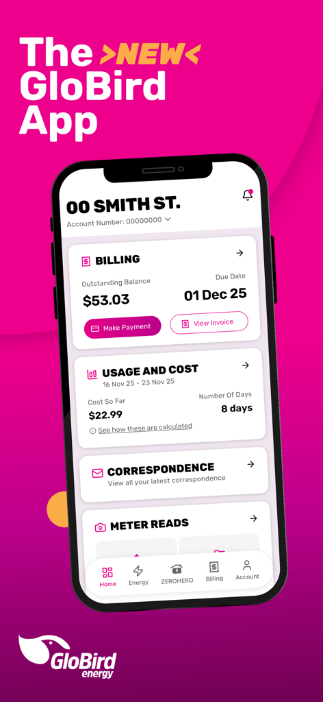 GloBird - GloBird energy app home screen showing account billing and usage statistics