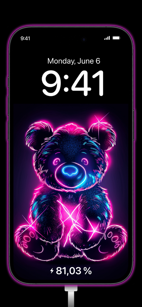 Charging Animation for Battery - An iPhone screen displaying a neon pink and blue glowing teddy bear charging animation at 81 percent battery.