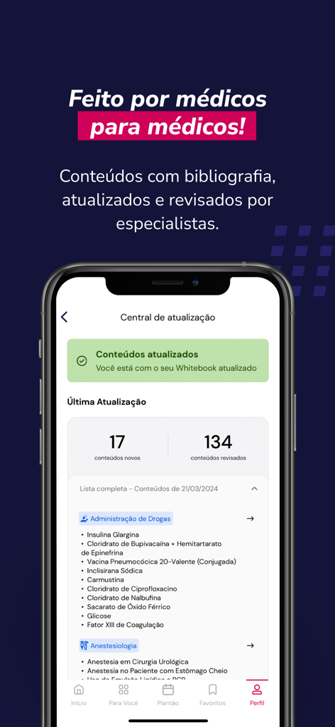 Afya Whitebook app interface displaying the update center with new clinical medical content.