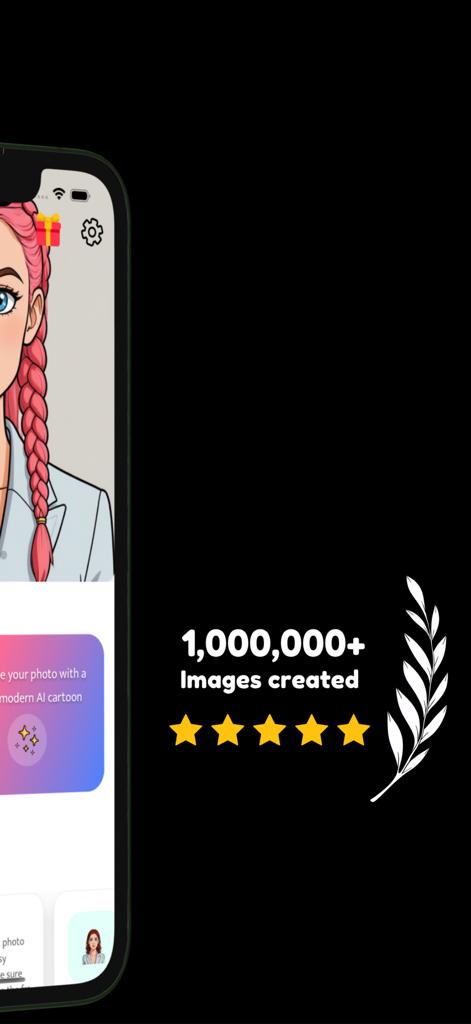 AI Cartoon Maker: Toon Studio - AI アニメメーカーアプリのインターフェイスに、100 万枚の画像作成マイルストーンと 5 つ星評価が表示されている