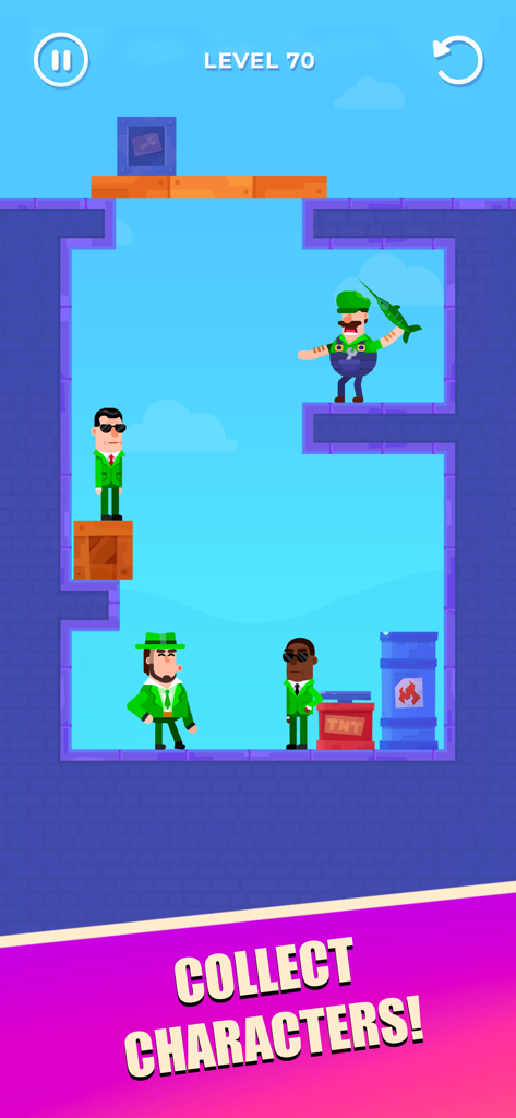 Drawmaster - Drawmaster 게임 화면으로, 퍼즐 환경에서 다양한 수집 가능한 캐릭터와 TNT 통이 있는 레벨 70을 보여줍니다.