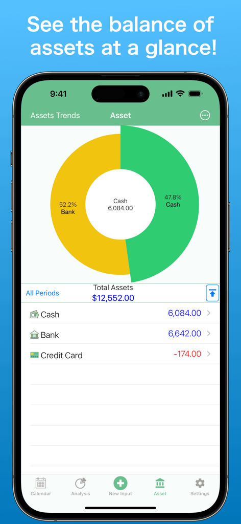 Mobile app screen showing a donut chart of asset distribution including cash and bank balances.
