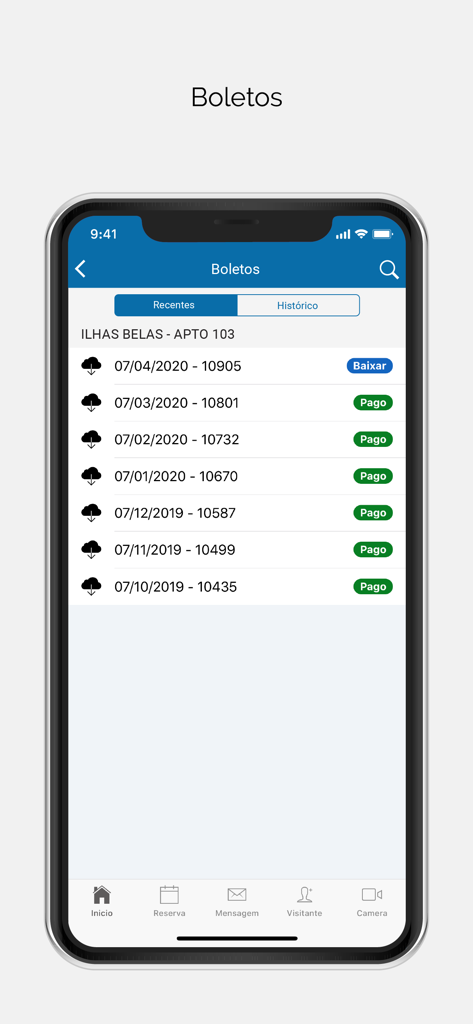 Pantalla de la app móvil que muestra una lista de facturas de administración de propiedades con estados de pago y opciones de descarga.