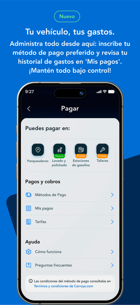 CarroYa - Interface do aplicativo CarroYa mostrando opções de pagamento de veículos para estacionamento, gasolina e lavagem de carro