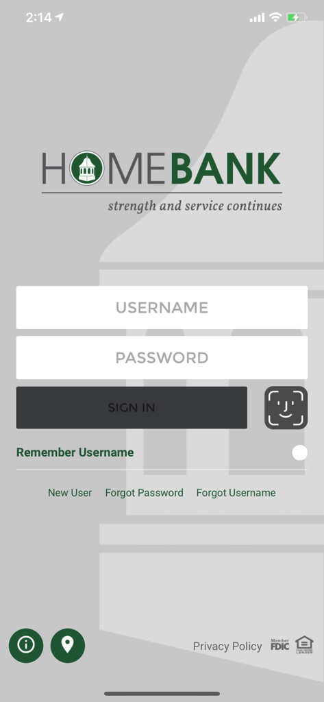 HOMEBANK - HOMEBANK app login screen with username and password inputs