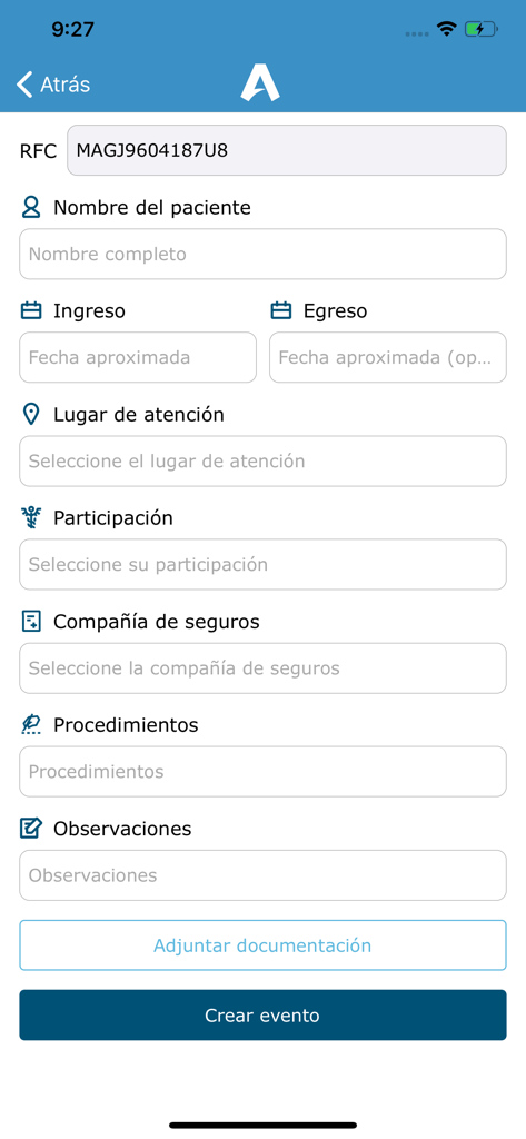 Insurance claim form screen in the Aliquam medical billing app