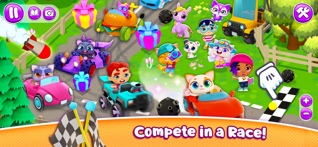 Pocket Town - Animal World - Colorful animal and human characters driving toy cars in a race track competition
