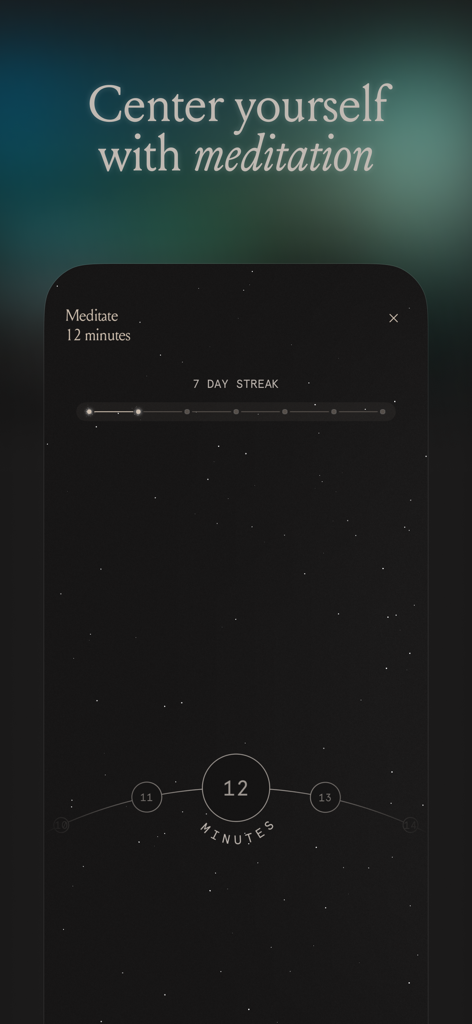 Une interface de chronomètre de méditation minimaliste de l'application Desté Mindfulness Journal comportant un suivi de série de 7 jours et une sélection de session de 12 minutes.