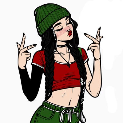 realistic teenage girl with braids and a beanie and crop top doing 🫶🏼