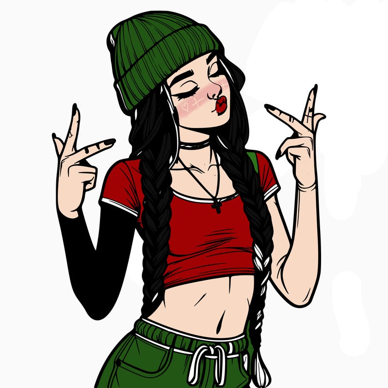 realistic teenage girl with braids and a beanie and crop top doing 🫶🏼