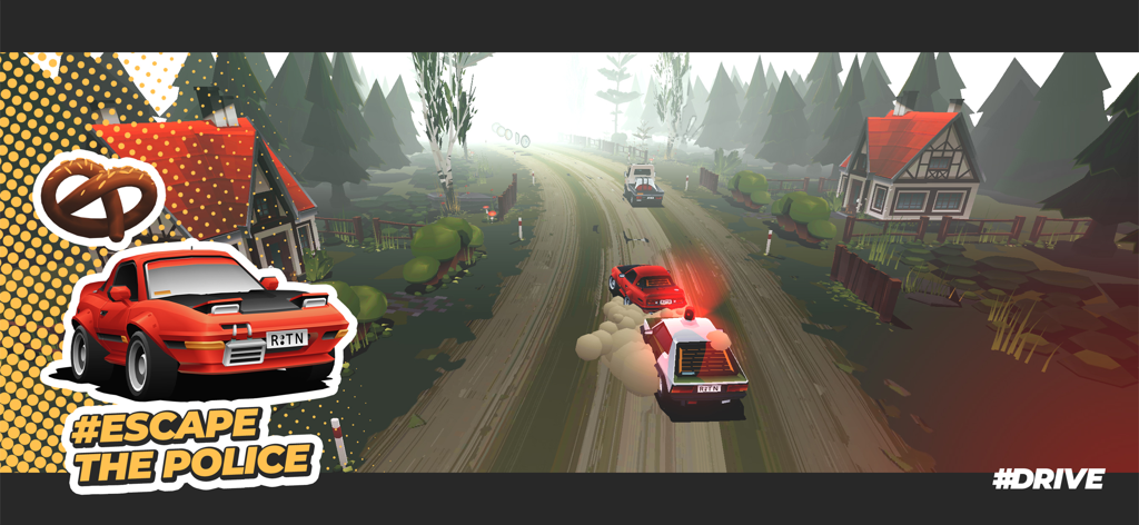A red retro sports car escaping a police chase on a scenic village road in the game #DRIVE.