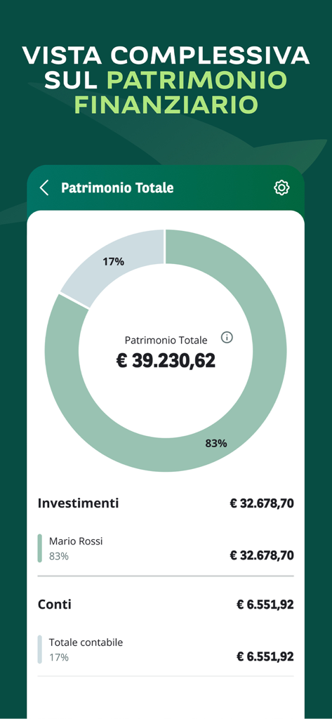 BNL mobile app screen displaying a comprehensive view of financial assets with a donut chart showing the breakdown of total wealth between investments and bank accounts