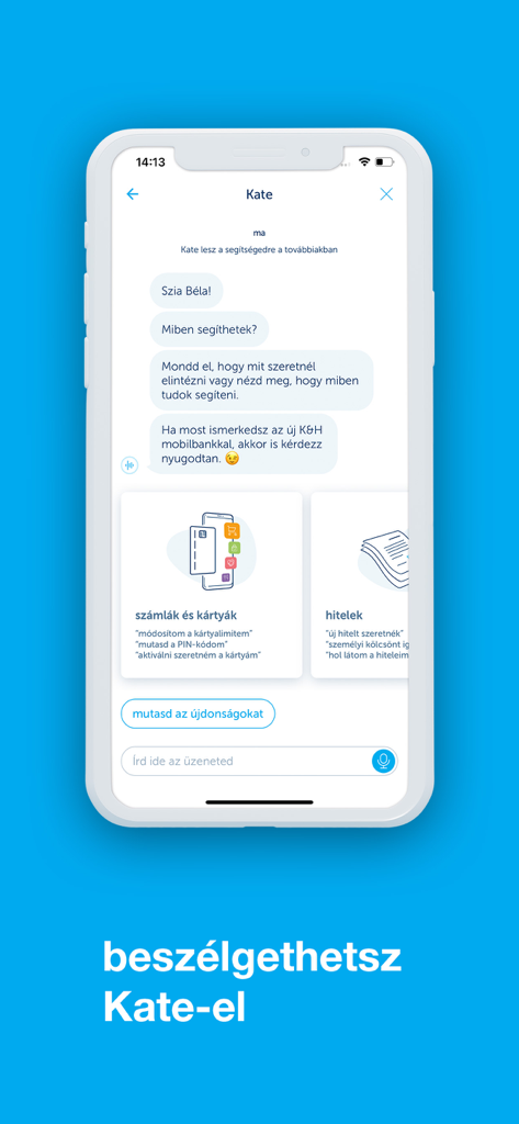 K&H mobilbank - Interface de chat do aplicativo K&H mobilbank apresentando o assistente digital chamado Kate.